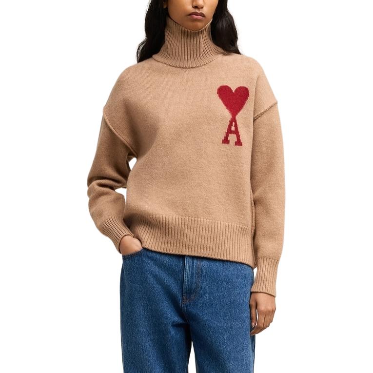 AMI Paris FW24 High-Neck Loose Knit Sweater Unisex - Camel Brown. UKS406018-289 圖 3