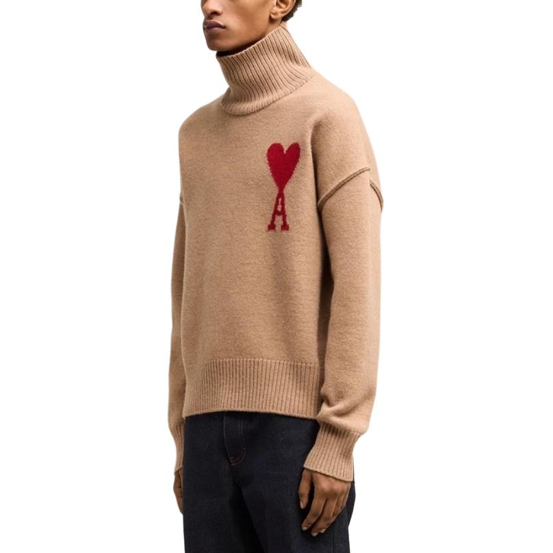 AMI Paris FW24 High-Neck Loose Knit Sweater Unisex - Camel Brown. UKS406018-289 圖 5