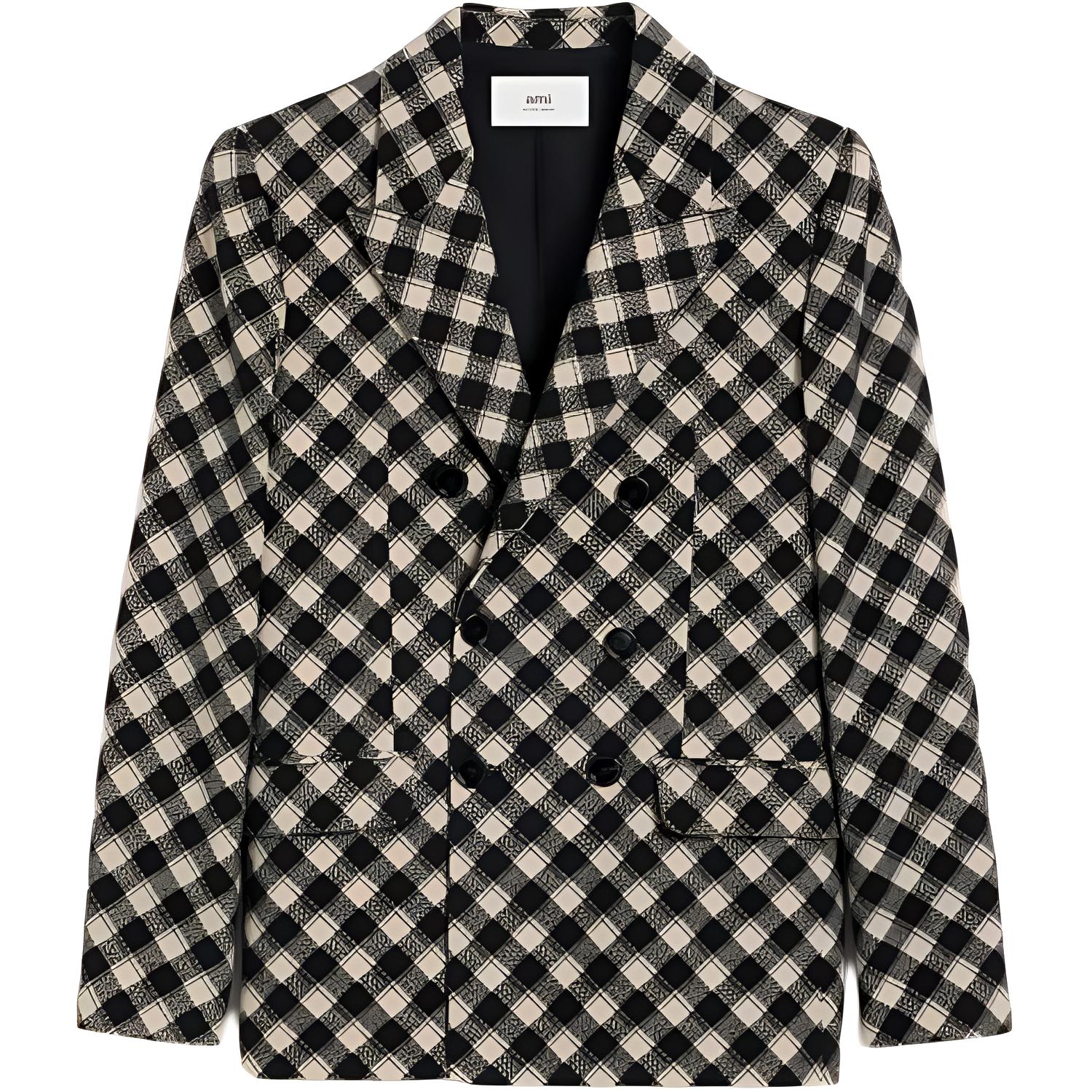 AMI PARIS FW24 Plaid Double-Breasted Slim Blazer Jacket Grey White HBV217WO0002-012