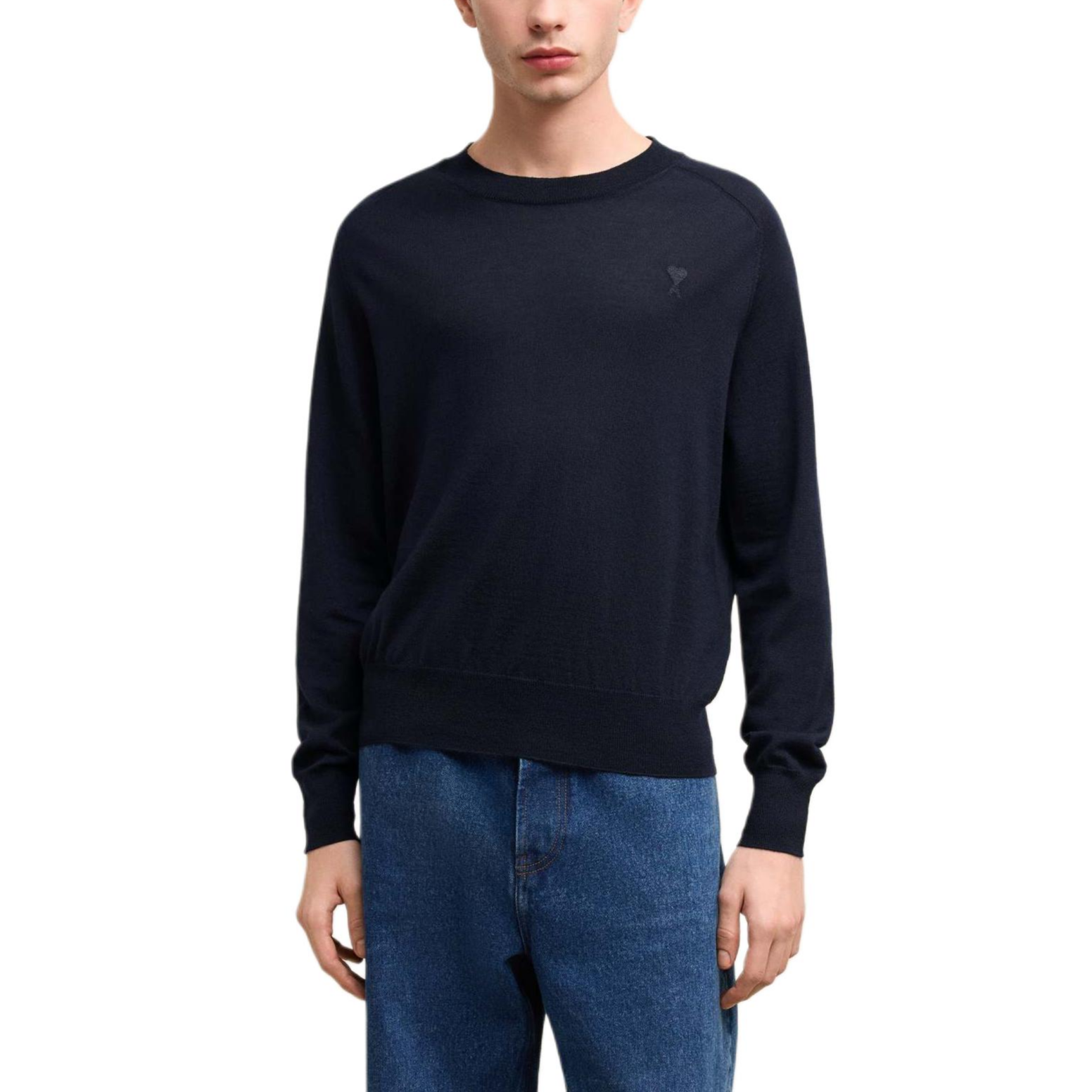 AMI Paris FW24 Solid Heart Embroidered Raglan Sweater Navy Blue Menswear HKS041KN0039-430 圖 4