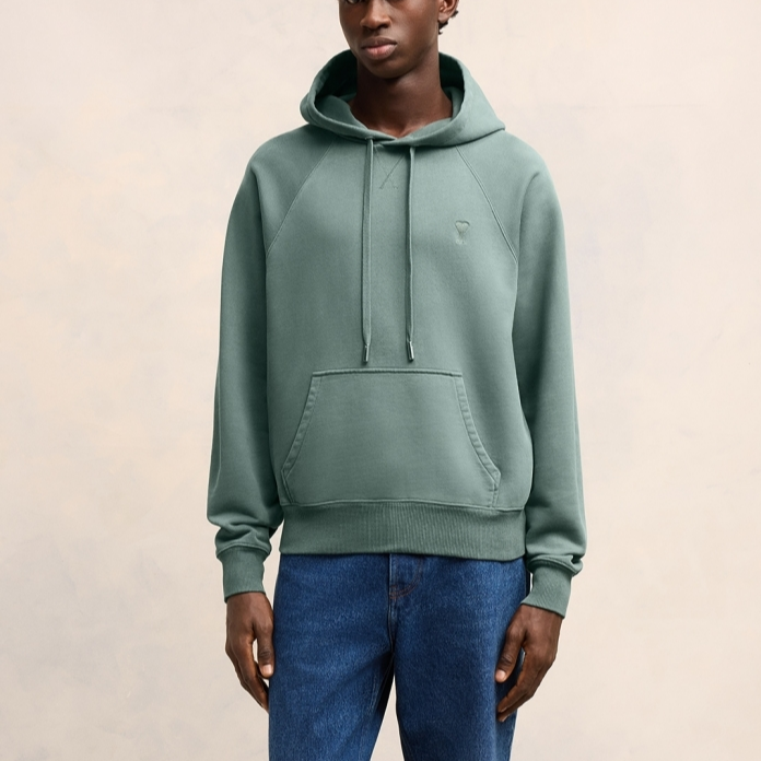 AMI PARIS FW24 Unisex Raglan Hoodie Pullover in Green Grey USW240JE0091-4013 圖 3