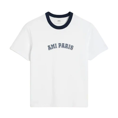 AMI PARIS FW24 Unisex White Crewneck Short Sleeve Tee with Contrast Ribbing. UTS047724-100