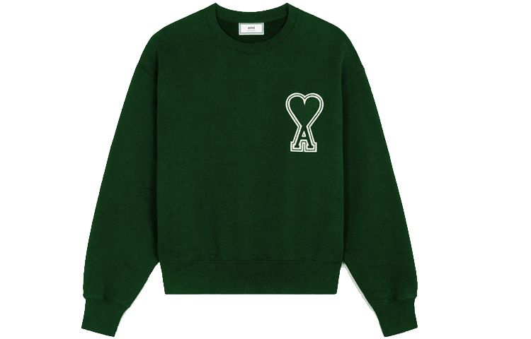 AMI PARIS Green Heart Logo Crewneck Sweatshirt  Classic Style. A20HJ037-747