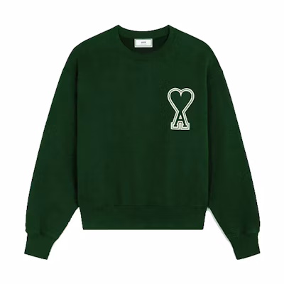 AMI PARIS Green Heart Logo Crewneck Sweatshirt Classic Style. A20HJ037-747
