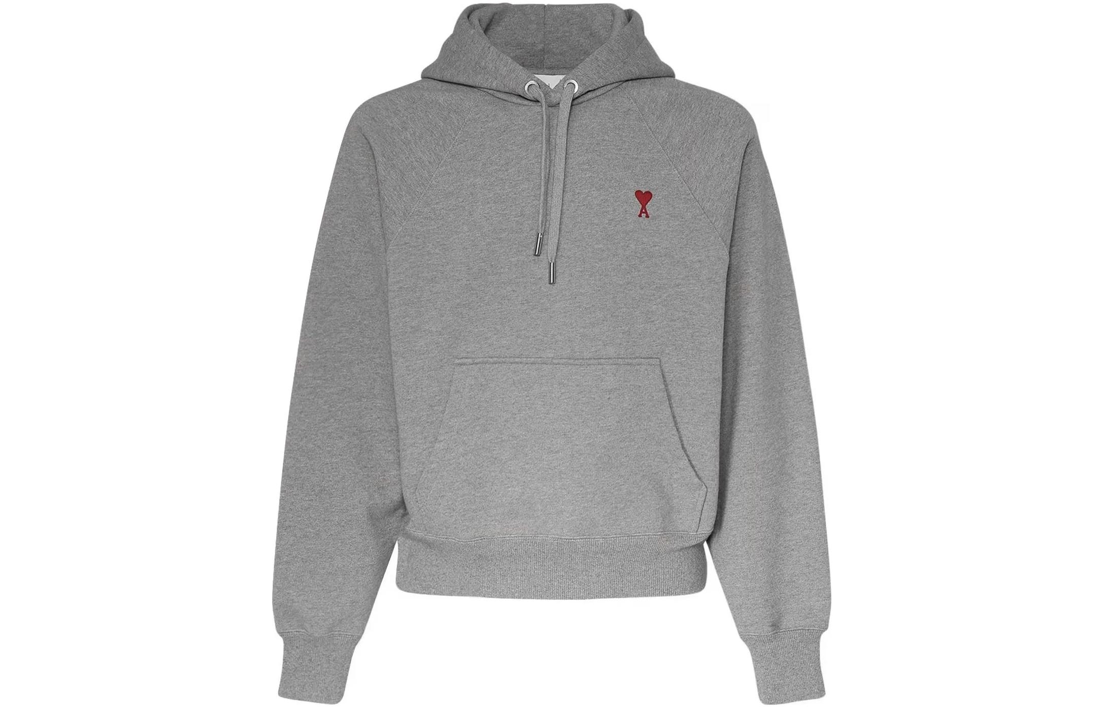 AMI PARIS Grey Hoodie  with Red Heart Embroidery Cotton Pullover BFUSW205747-055