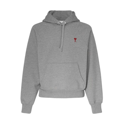 AMI PARIS Grey Hoodie with Red Heart Embroidery Cotton Pullover BFUSW205747-055