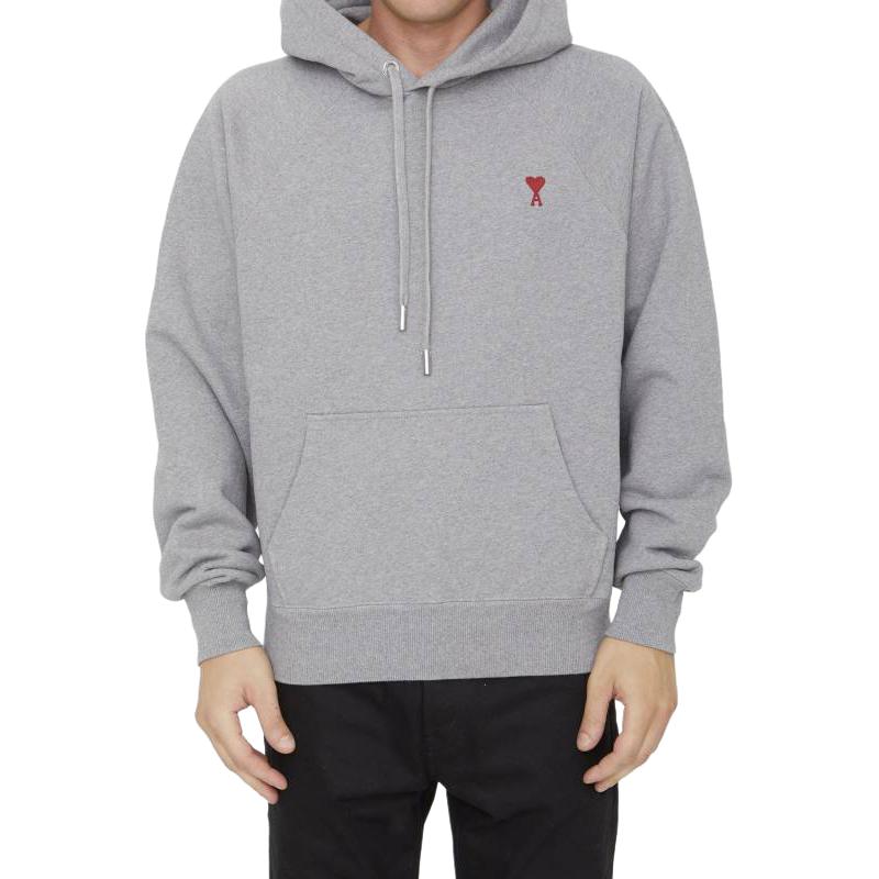 Shop AMI PARIS Grey Hoodie  with Red Heart Embroidery Cotton Pullover BFUSW205747-055
