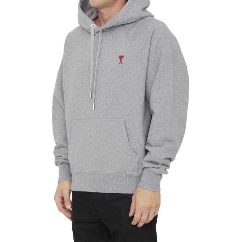 Sizing AMI PARIS Grey Hoodie  with Red Heart Embroidery Cotton Pullover BFUSW205747-055