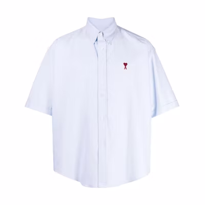 AMI Paris Heart Embroidered Button-Up Short Sleeve Shirt Unisex Blue H23HSH230CO0031