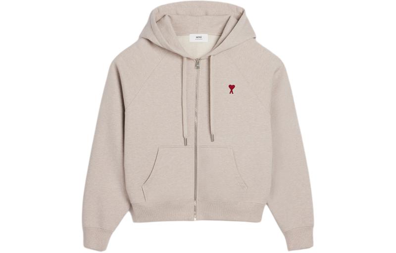 AMI PARIS Heart Embroidered Cotton Zip Hoodie Unisex - Cream Beige. USW415747-2712