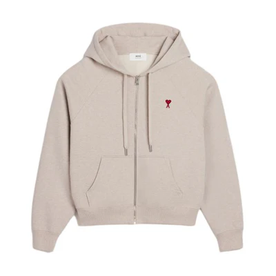 AMI PARIS Heart Embroidered Cotton Zip Hoodie Unisex - Cream Beige. USW415747-2712