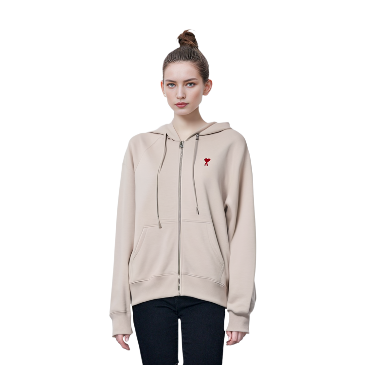 AMI PARIS Heart Embroidered Cotton Zip Hoodie Unisex - Cream Beige. USW415747-2712 圖 3