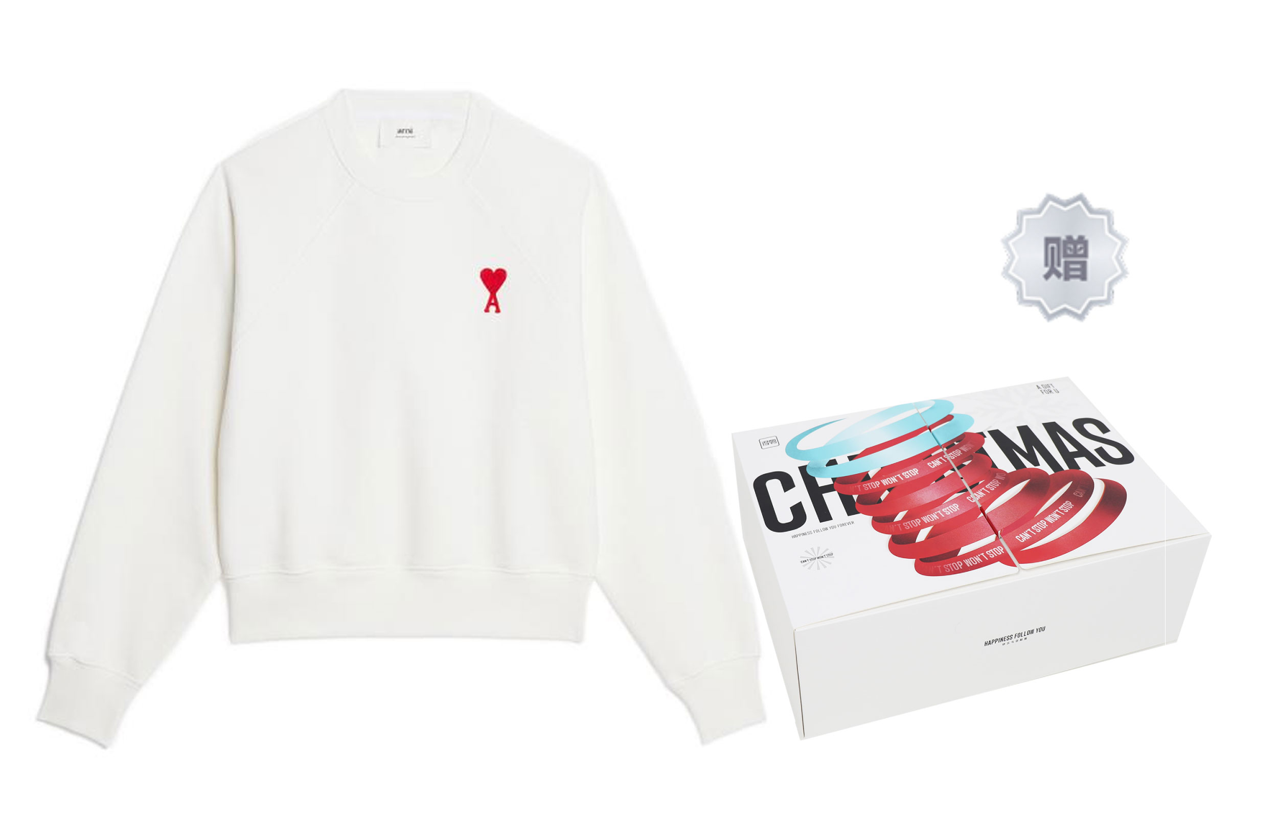 Details for AMI PARIS 愛心刺繡圓領復古衛衣 男女同款 自然白 USW004747-175