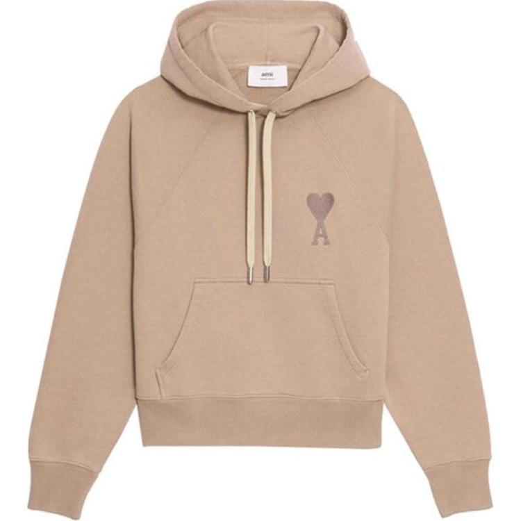 AMI PARIS Heart Logo Beige Hoodie Long Sleeve Pullover E22USW202747-267