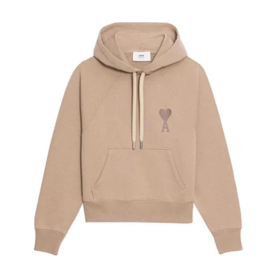 AMI PARIS Heart Logo Beige Hoodie Long Sleeve Pullover E22USW202747-267