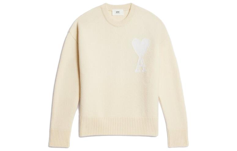 AMI PARIS Heart Logo Crewneck Knit Sweater Unisex Off-White. UKS002018-715