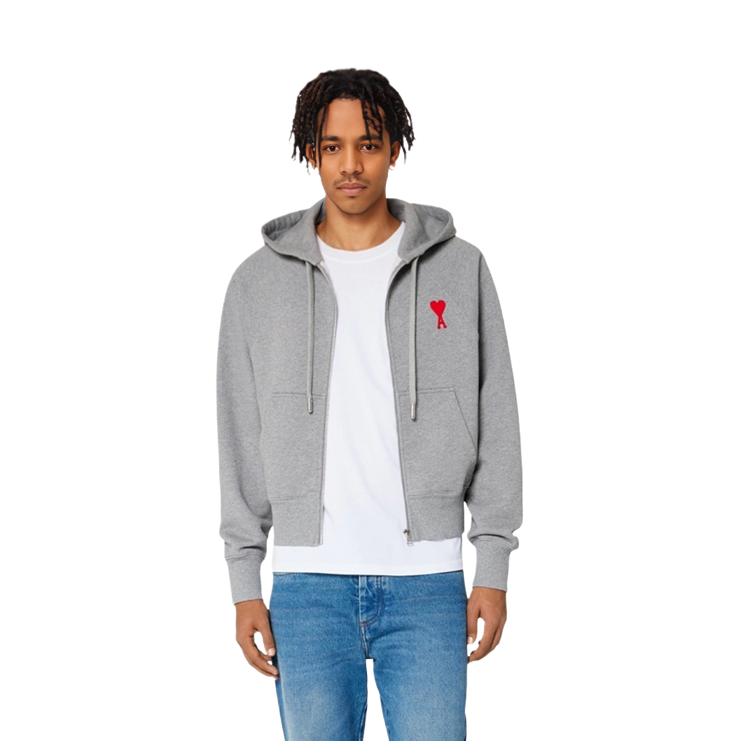 AMI PARIS Heart Logo Embroidered Zip-Up Sweatshirt Unisex - Heather Grey USW404-747-0501 圖 4