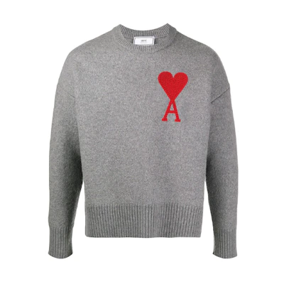 AMI Paris Heart Logo Grey Wool Sweater Unisex Crewneck. H20HK009018-055