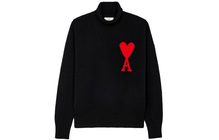 AMI Paris Heart Logo Turtleneck Sweater Unisex Black H21K2030-18001