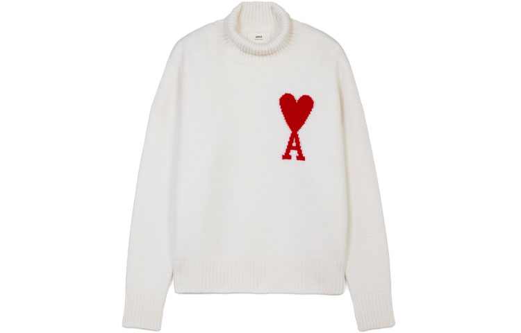 AMI Paris Heart Logo Wool Turtleneck Sweater Unisex White H21K203-018100