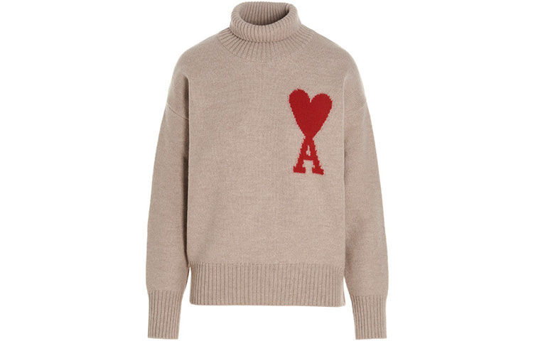 AMI PARIS Heart Motif Turtleneck Wool Sweater Unisex - Champagne Color H21K203-018265