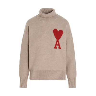AMI PARIS Heart Motif Turtleneck Wool Sweater Unisex - Champagne Color H21K203-018265