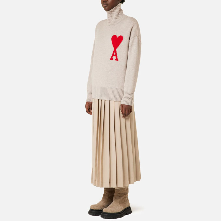AMI PARIS Heart Motif Turtleneck Wool Sweater Unisex - Champagne Color H21K203-018265 圖 3