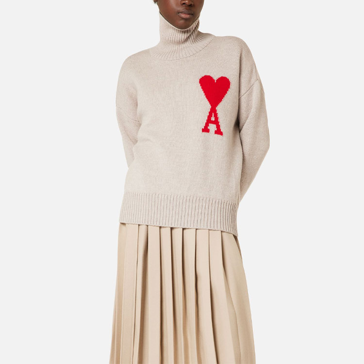 AMI PARIS Heart Motif Turtleneck Wool Sweater Unisex - Champagne Color H21K203-018265 圖 4