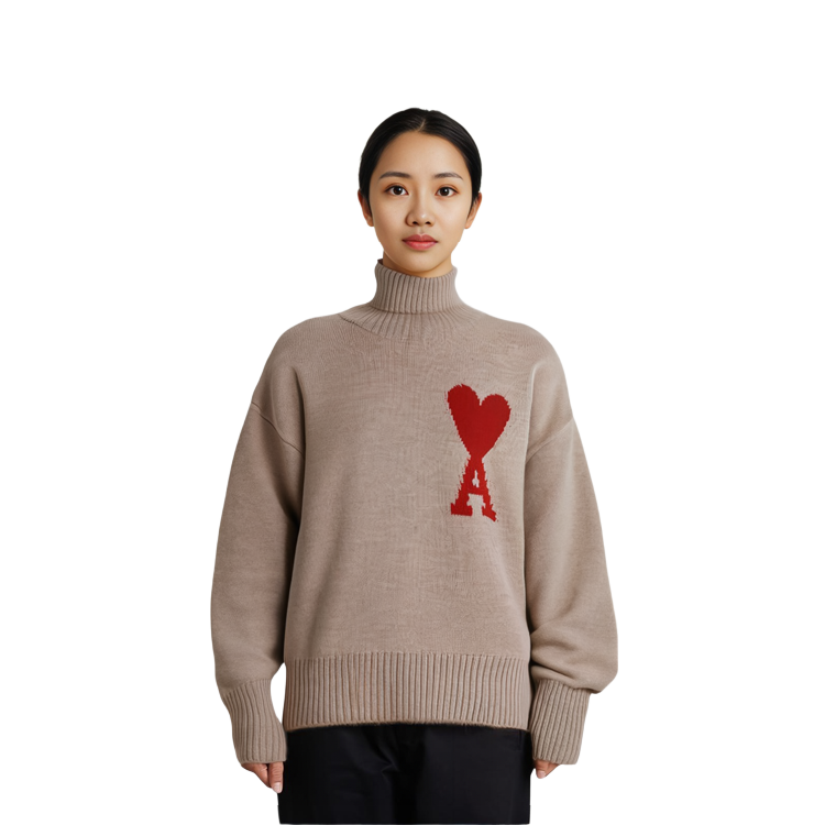 AMI PARIS Heart Motif Turtleneck Wool Sweater Unisex - Champagne Color H21K203-018265 圖 6