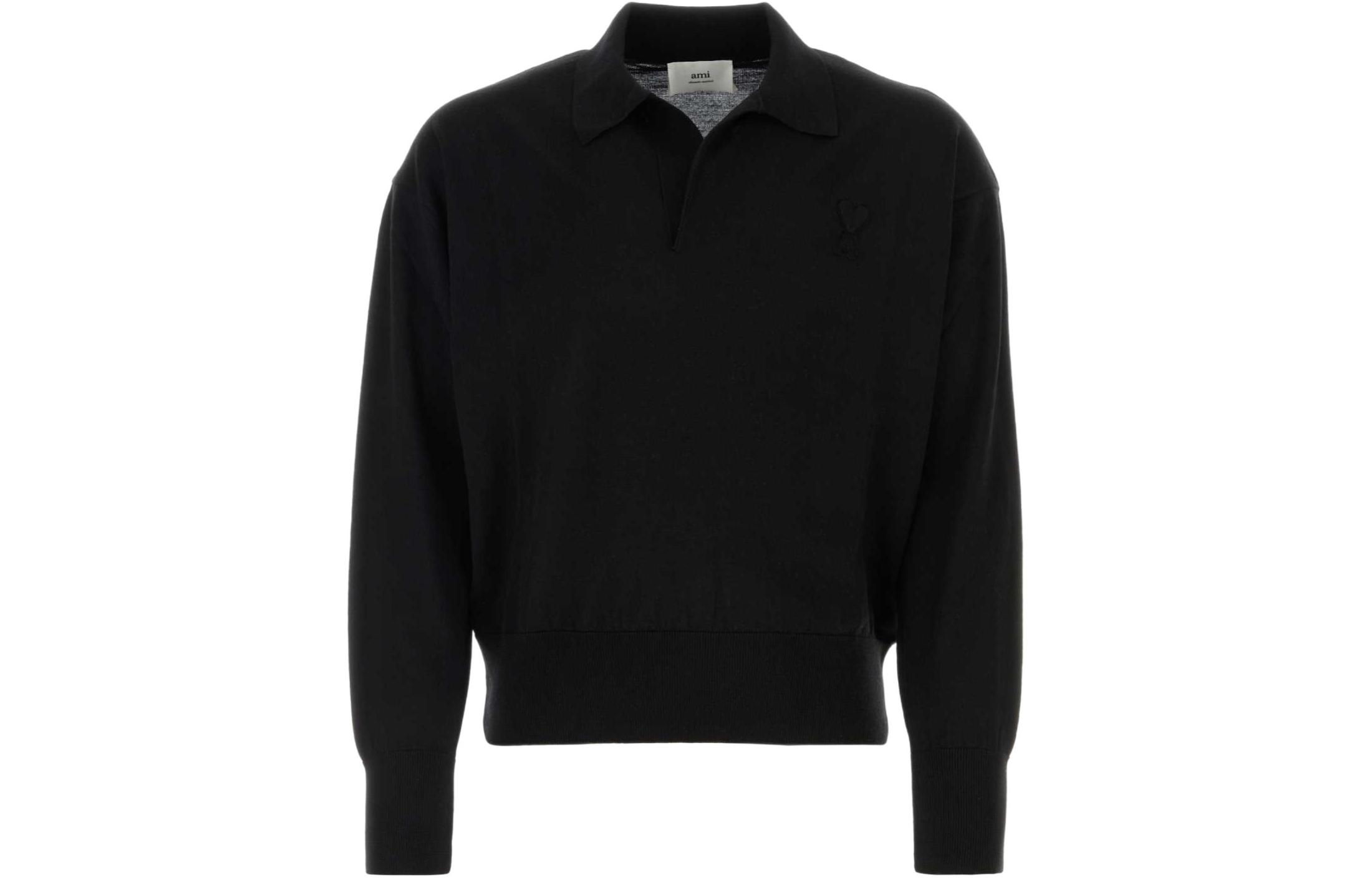 AMI PARIS Heart Patch Merino Knit Long Sleeve Polo Sweater Unisex Black UPL342KN0039-001