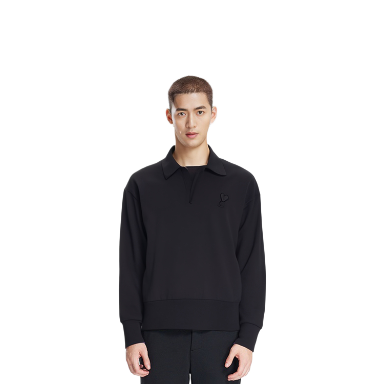 AMI PARIS Heart Patch Merino Knit Long Sleeve Polo Sweater Unisex Black UPL342KN0039-001 圖 4