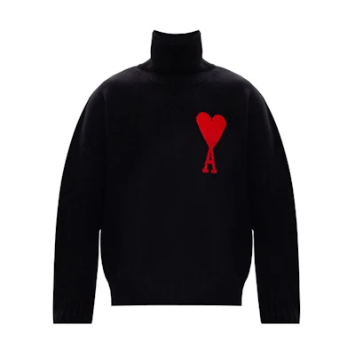 AMI Paris Heart Pattern Turtleneck Wool Sweater Unisex Black H20HK203-018-001
