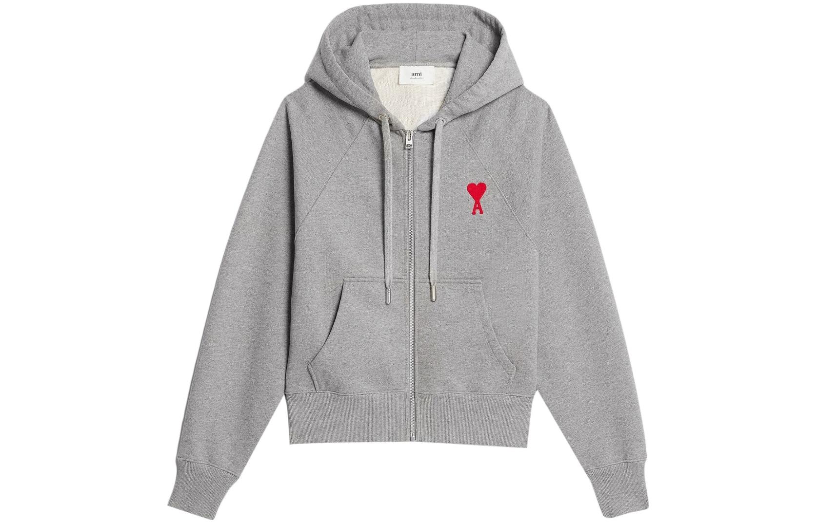 AMI PARIS Heart Series SS23 Logo Embroidered Zip Hoodie Unisex - Gray USW404747-501