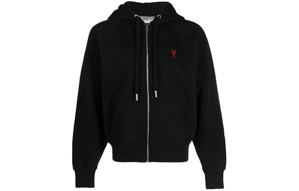 AMI PARIS Logo Embroidered Zip-Up Hoodie Jacket Men’s Black USW415747094-001