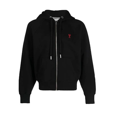 AMI PARIS Logo Embroidered Zip-Up Hoodie Jacket Men’s Black USW415747094-001