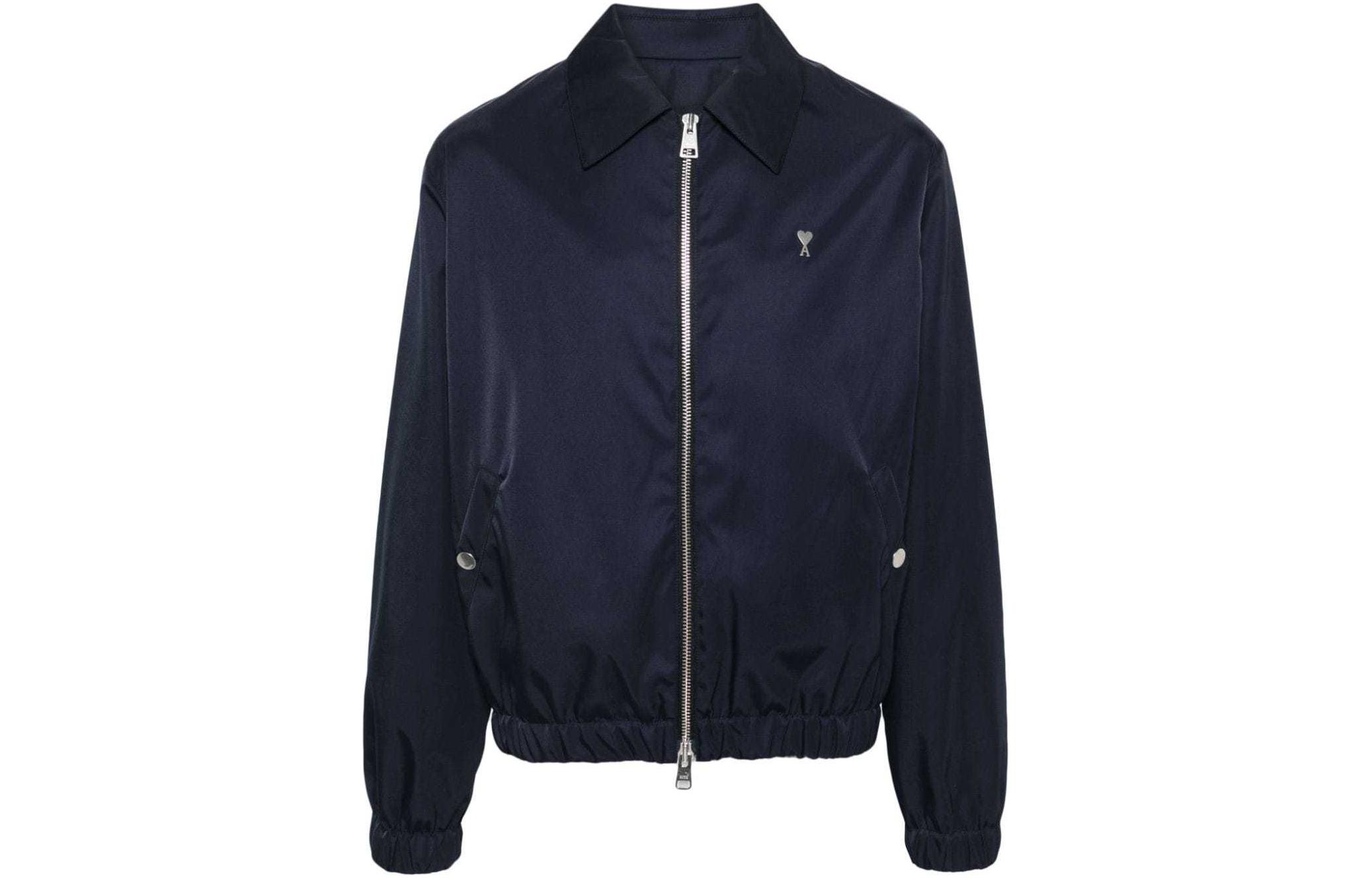 AMI PARIS Logo Embroidered Zip-Up Jacket Navy Blue - HJK014PA0007-430