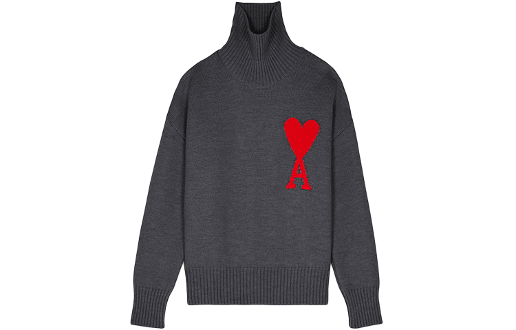 AMI PARIS Logo Heart Contrast Knit Turtleneck Wool Sweater Unisex Grey H21K203-018055