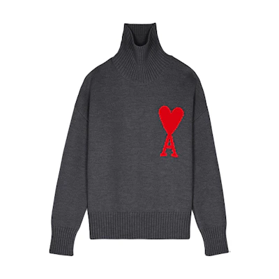 AMI PARIS Logo Heart Contrast Knit Turtleneck Wool Sweater Unisex Grey H21K203-018055