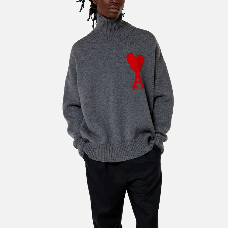 AMI PARIS Logo Heart Contrast Knit Turtleneck Wool Sweater Unisex Grey H21K203-018055 圖 5