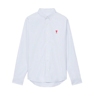 AMI PARIS Logo Print Long Sleeve Button-Up Shirt Light Blue BFUSH130CO0021475