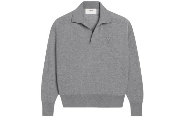 AMI Paris Merino Wool Heart Patch Knit Long Sleeve Polo Sweater Unisex Grey UPL342KN0039-055