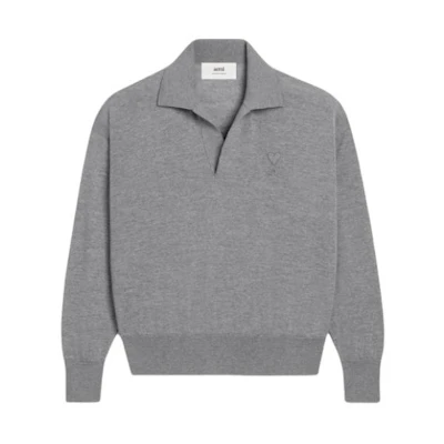 AMI Paris Merino Wool Heart Patch Knit Long Sleeve Polo Sweater Unisex Grey UPL342KN0039-055