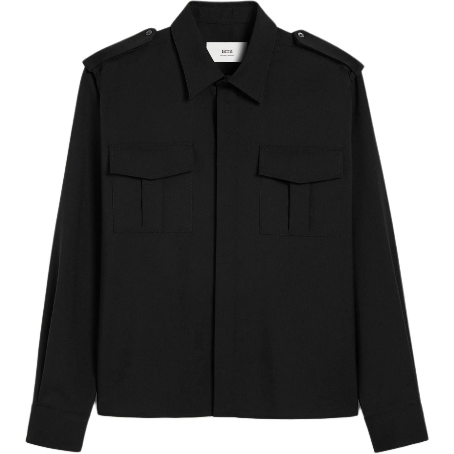 AMI PARIS Military Shirt Plain Black Button-Up Long-Sleeve Jacket Unisex USH013WV0044-001