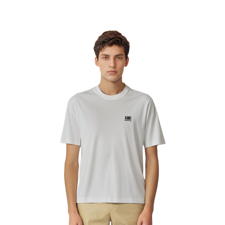 Shop AMI Paris Kemeja-T Leher Bulat Oversaiz Sulam Putih Lelaki. H21HJ101-726100