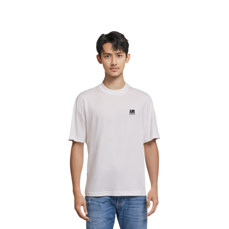 Purchase AMI Paris Kemeja-T Leher Bulat Oversaiz Sulam Putih Lelaki. H21HJ101-726100