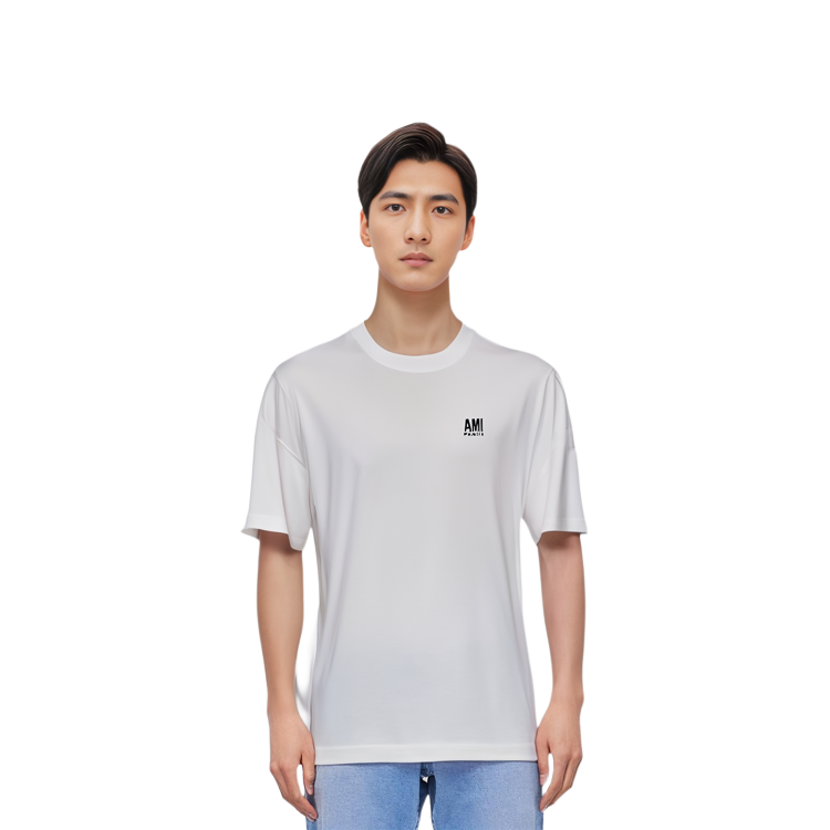 Sizing AMI Paris Kemeja-T Leher Bulat Oversaiz Sulam Putih Lelaki. H21HJ101-726100
