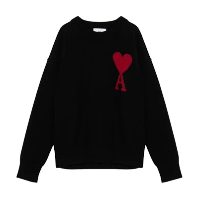 AMI Paris Oversized Crewneck Knit Sweater Black Logo Design. BFUKS006U018-009