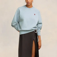 Lookbook AMI Paris Red Heart Embroidered Cotton Crewneck Sweatshirt Unisex Sky Blue. USW005747-4842