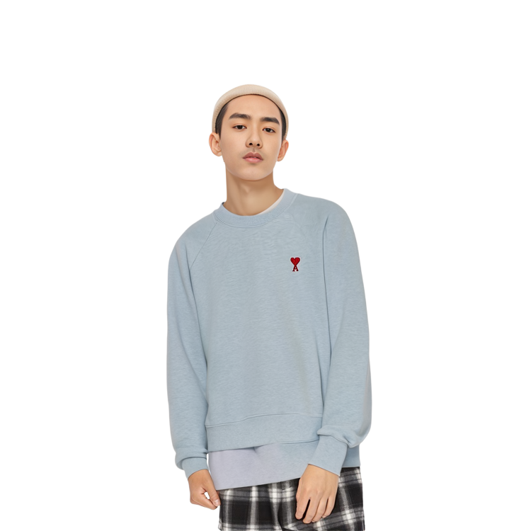 AMI Paris Red Heart Embroidered Cotton Crewneck Sweatshirt Unisex Sky Blue. USW005747-4842 圖 5