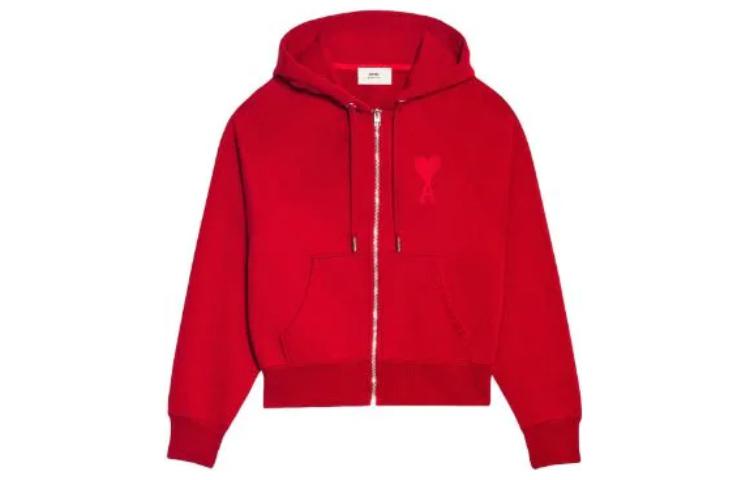 AMI PARIS Red Heart Logo Embroidered Zip Hoodie Jacket Unisex Casual Wear USW402747-600